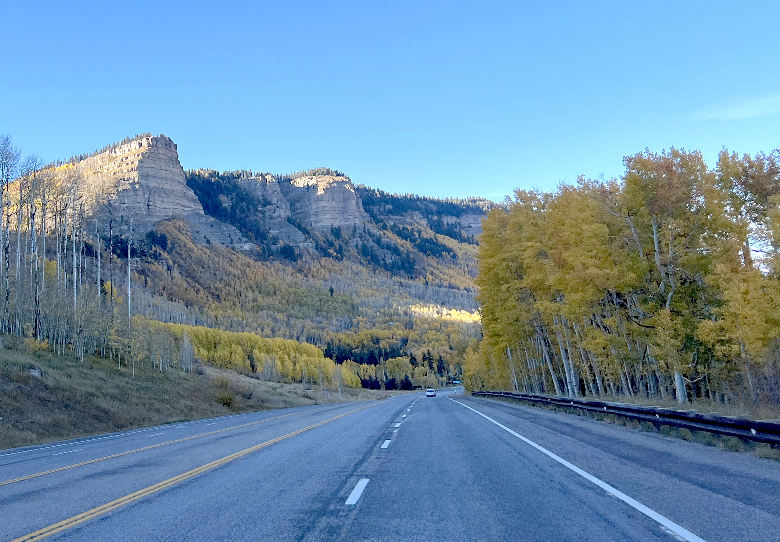 US Highway 550 as it cuts through the San Juan National Forest, in this photo partially made of golden autumn aspens and naked ones, near Castle Rock